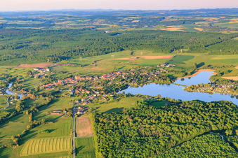Aerial photograpy of View of the town at Lake Mittersheim from the west in Mittersheim in the state Moselle, France