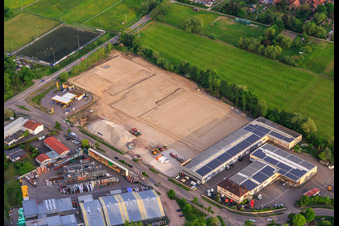 Oblique view of Construction site for the development of the new logistics park of HANSAINVEST and DFI-Real-Estate Kandel after demolition of the OBI market in the district Minderslachen in Kandel in the state Rhineland-Palatinate, Germany