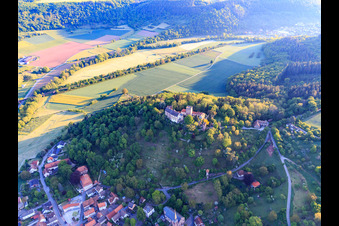 Aerial view of Place below the castle and the castle park Gamburg in the district Gamburg in Werbach in the state Baden-Wuerttemberg, Germany