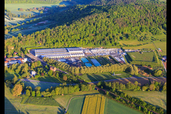 Aerial view of Production halls of HOFMANN NATURSTEIN GmbH & Co. KG in the district Gamburg in Werbach in the state Baden-Wuerttemberg, Germany