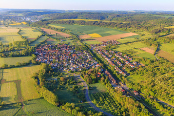 Aerial view of View of the lovely Taubertal in the morning from the north in the district Hochhausen in Tauberbischofsheim in the state Baden-Wuerttemberg, Germany