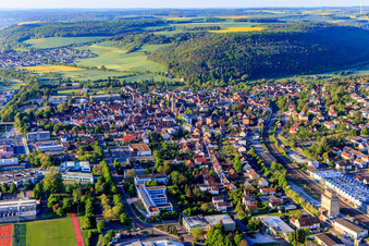 View of the lovely Taubertal valley in the morning from the north with the employment agency Tauberbischofsheim in Tauberbischofsheim in the state Baden-Wuerttemberg, Germany