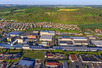 Aerial view of VS United Special Furniture Factories GmbH & Co. KG in Tauberbischofsheim in the state Baden-Wuerttemberg, Germany