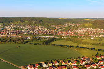 View from the west in the morning in the Tauber valley in the district Lauda in Lauda-Königshofen in the state Baden-Wuerttemberg, Germany
