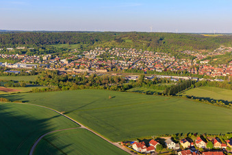 View from the northwest in the morning in the Tauber valley in the district Lauda in Lauda-Königshofen in the state Baden-Wuerttemberg, Germany