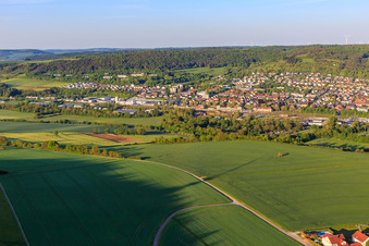 Aerial view of View from the northwest in the morning in the Tauber valley in the district Lauda in Lauda-Königshofen in the state Baden-Wuerttemberg, Germany