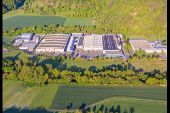 Aerial view of Roto Campus and Roto Frank DST Produktions-GmbH as well as MAAS Bauzentrum GmbH in the district Edelfingen in Bad Mergentheim in the state Baden-Wuerttemberg, Germany