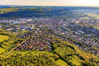 City view in the Tauber Valley in the morning from the southwest in Bad Mergentheim in the state Baden-Wuerttemberg, Germany