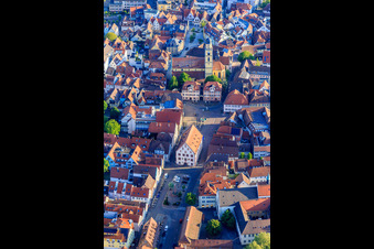 Aerial photograpy of Old town with Old Town Hall, Market Square, Twin Houses and St. John's Cathedral in Bad Mergentheim in the state Baden-Wuerttemberg, Germany