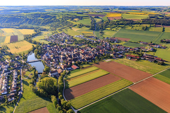 Aerial view of View of the town with Tauberstrand from the west in the district Elpersheim in Weikersheim in the state Baden-Wuerttemberg, Germany