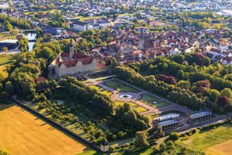 Aerial view of Castle and castle garden Weikersheim (Castle of Count Wolfgang von Hohenlohe from the 17th century with a magnificent knights' hall and garden with statues.) in Weikersheim in the state Baden-Wuerttemberg, Germany