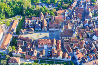 Aerial photograpy of Old town with St. George's Church on the market square, castle administration Weikersheim on the castle square in Weikersheim in the state Baden-Wuerttemberg, Germany