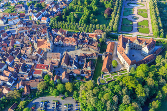 Oblique view of Old town with St. George's Church on the market square, castle administration Weikersheim on the castle square in Weikersheim in the state Baden-Wuerttemberg, Germany
