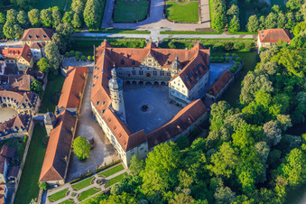 Aerial view of Castle Weikersheim with rose garden, alchemy and witch garden in Weikersheim in the state Baden-Wuerttemberg, Germany