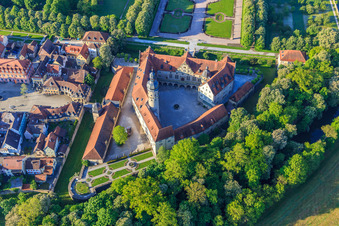 Aerial photograpy of Castle Weikersheim with rose garden, alchemy and witch garden in Weikersheim in the state Baden-Wuerttemberg, Germany