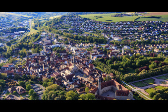Overview of the town from the west in the morning with the end and market square in Weikersheim in the state Baden-Wuerttemberg, Germany