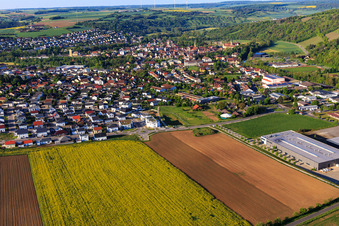Overview of the Tauber Valley in the morning from the north with bdtronic GmbH in Weikersheim in the state Baden-Wuerttemberg, Germany