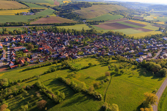 Aerial view of Village view in the lovely Taubertal from the southwest in the morning in Tauberrettersheim in the state Bavaria, Germany
