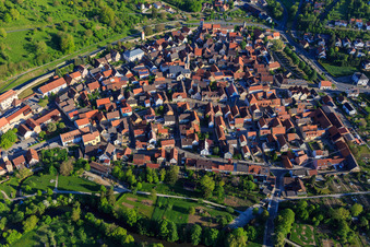 City wall, old town and market square from the south in Röttingen in the state Bavaria, Germany