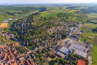 Village overview in the lovely Taubertal from the southeast in the morning in Röttingen in the state Bavaria, Germany