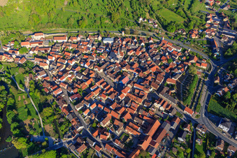 City wall, old town and market square from the east in Röttingen in the state Bavaria, Germany