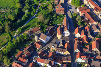Julius Echter Abbey and Mill Tower on the city wall in Röttingen in the state Bavaria, Germany