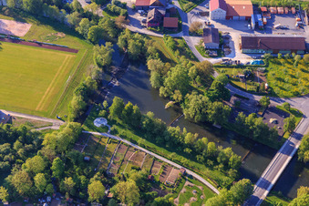 Tauberwehr Röttingen, playground and Tauber bridge in Röttingen in the state Bavaria, Germany