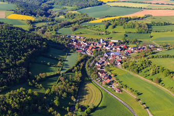 Aerial view of Village view from the north in the morning in the district Niederrimbach in Creglingen in the state Baden-Wuerttemberg, Germany
