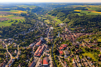 View of the Tauber Valley from the northwest in the morning in Creglingen in the state Baden-Wuerttemberg, Germany