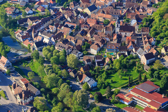 Old town from the north in the morning with Schlosserturm, Church of St. Peter and Paul and Tauberturm in Creglingen in the state Baden-Wuerttemberg, Germany