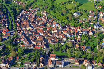 Old town from the northeast in the morning with Schlosserturm, Church of St. Peter and Paul and Tauberturm in Creglingen in the state Baden-Wuerttemberg, Germany