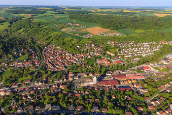 Overview of the Tauber Valley from the northeast in the morning in Creglingen in the state Baden-Wuerttemberg, Germany