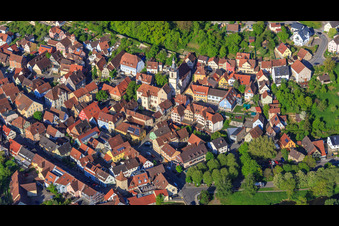 Old town from the northeast in the morning with Schlosserturm, Romschlössle, Church of St. Peter and Paul and Tauberturm in Creglingen in the state Baden-Wuerttemberg, Germany