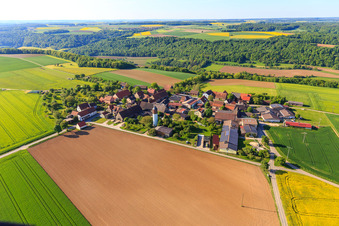 Aerial view of Erdbach district with Ponyhof Erdbach Fjord horse breeding and riding stable in the district Schön in Creglingen in the state Baden-Wuerttemberg, Germany