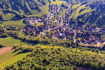 Village view in the lovely Taubertal in the morning from the west in the district Tauberscheckenbach in Adelshofen in the state Bavaria, Germany