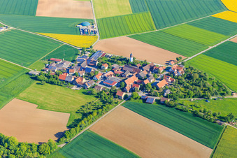 Erdbach district from the southeast with Ponyhof Erdbach Fjord horse breeding and riding stable in the district Schön in Creglingen in the state Baden-Wuerttemberg, Germany