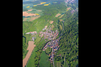 Aerial view of Village view in the lovely Tauberta in the morning from the southeast in the district Archshofen in Creglingen in the state Baden-Wuerttemberg, Germany