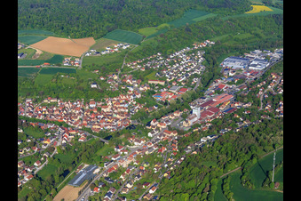 Aerial view of Overview of the lovely Taubertal in the morning from the southeast in Creglingen in the state Baden-Wuerttemberg, Germany