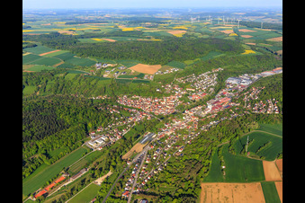 Aerial photograpy of Overview of the lovely Taubertal in the morning from the southeast in Creglingen in the state Baden-Wuerttemberg, Germany