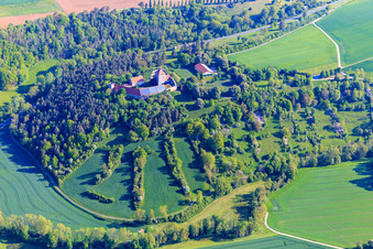 Aerial photograpy of Brauneck Castle with photovoltaic roof in the district Niedersteinach in Creglingen in the state Baden-Wuerttemberg, Germany
