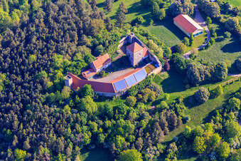 Oblique view of Brauneck Castle with photovoltaic roof in the district Niedersteinach in Creglingen in the state Baden-Wuerttemberg, Germany