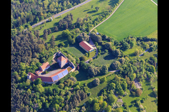 Brauneck Castle with photovoltaic roof in the district Niedersteinach in Creglingen in the state Baden-Wuerttemberg, Germany from above