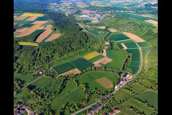 Meandering course of the Tauber towards Röttingen in Bieberehren in the state Bavaria, Germany
