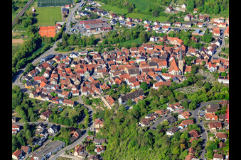 Town center with Church of St. Peter and Paul in Grünsfeld in the state Baden-Wuerttemberg, Germany