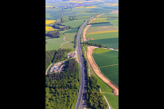 Aerial view of Tank & Rast Rest Area Ob der Tauber West with Shell petrol station on the A81 in the district Grünsfeldhausen in Grünsfeld in the state Baden-Wuerttemberg, Germany
