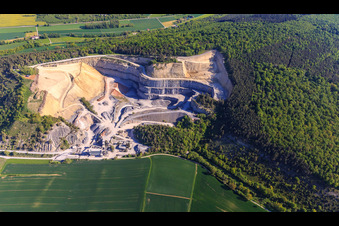 Aerial view of Quarry Werbach of SHB gravel in Werbach in the state Baden-Wuerttemberg, Germany