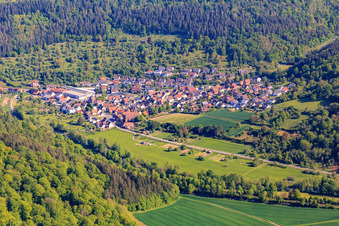 Aerial view of Village view in the lovely Taubertal from the south in the district Niklashausen in Werbach in the state Baden-Wuerttemberg, Germany