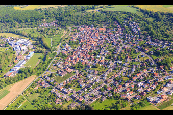Aerial photograpy of Village view in the lovely Taubertal from the south in the district Reicholzheim in Wertheim in the state Baden-Wuerttemberg, Germany