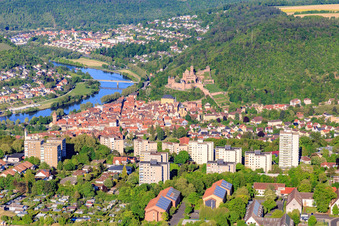 View from the Wartberg to Burg Castle Wertheim above the old town with the Main Valley in Wertheim in the state Baden-Wuerttemberg, Germany