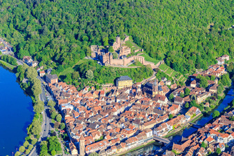 Aerial view of Castle Burg Wertheim above the old town with Main and Tauber in Wertheim in the state Baden-Wuerttemberg, Germany